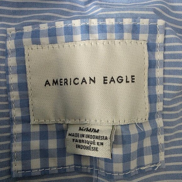 American Eagle Cropped Blue Gingham Button-Down Cotton Shirt Size M - Picture 4 of 8